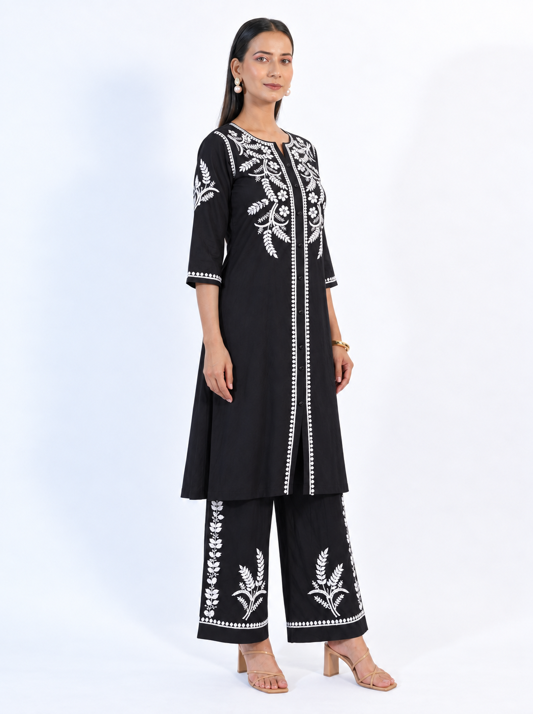 Elegant Black Modal Chikankari Co-ord Set with Straight Pants