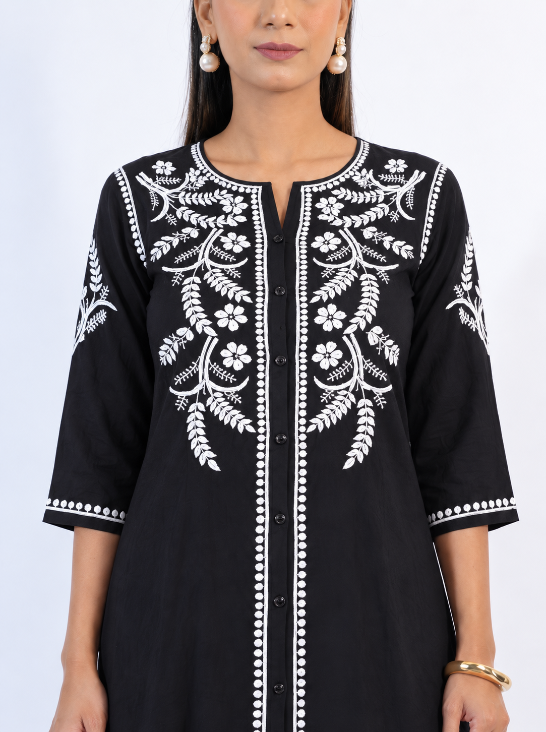 Elegant Black Modal Chikankari Co-ord Set with Straight Pants