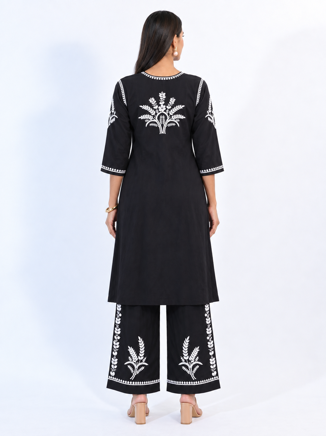 Elegant Black Modal Chikankari Co-ord Set with Straight Pants