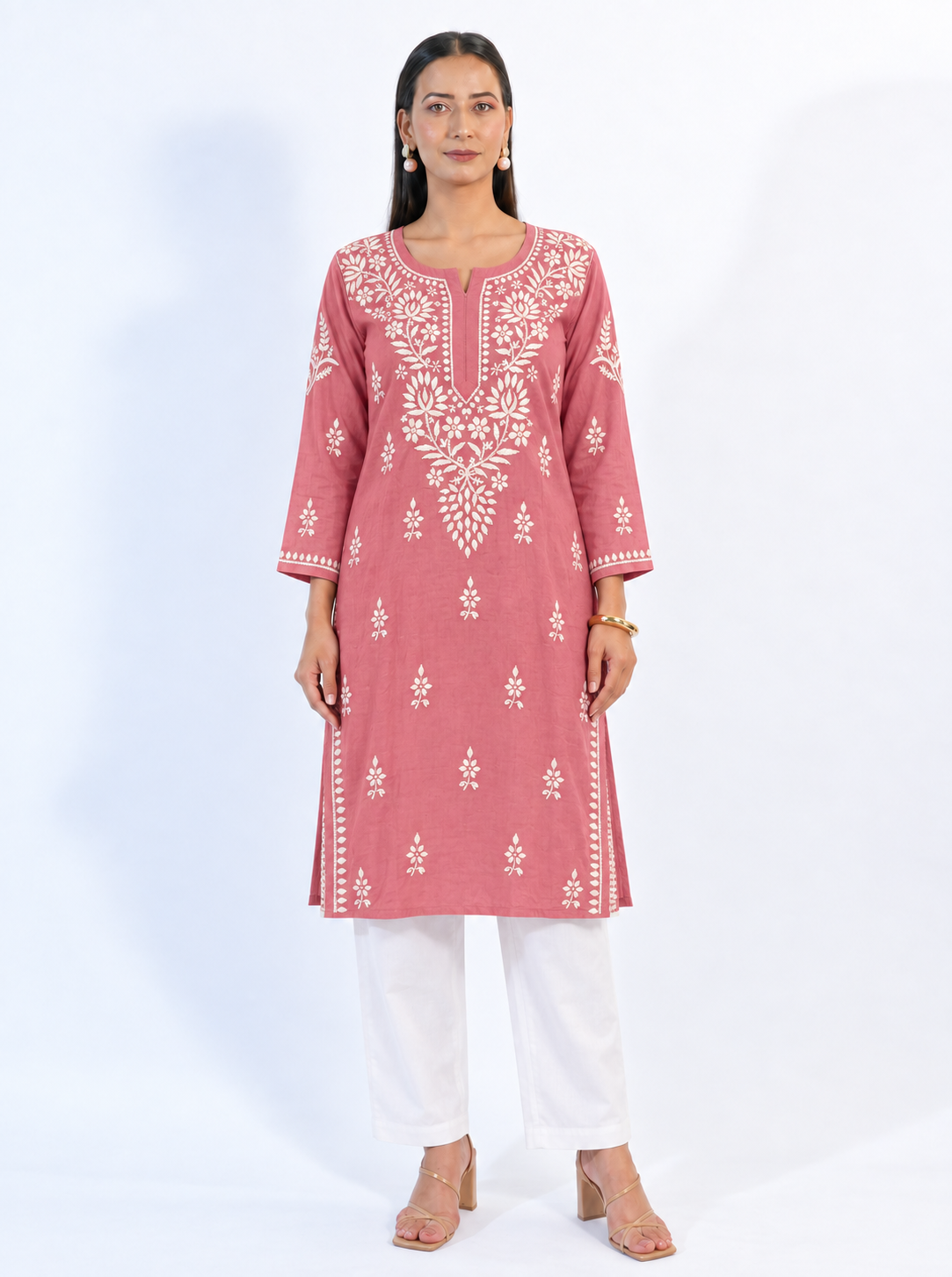 Rose Pink Modal Kurta with White Chikankari Embroidery