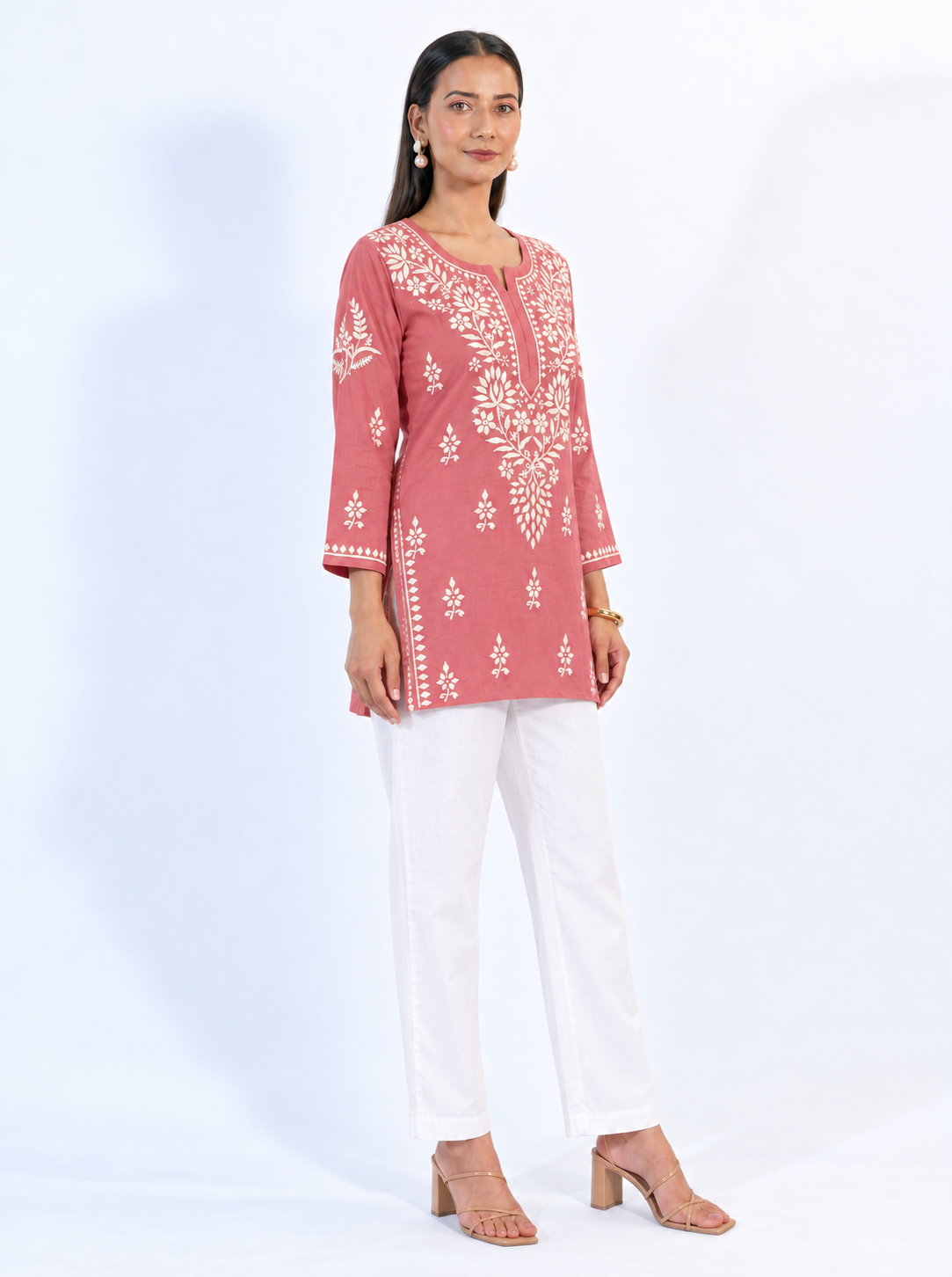 Rose Pink Modal Kurta with White Chikankari Embroidery