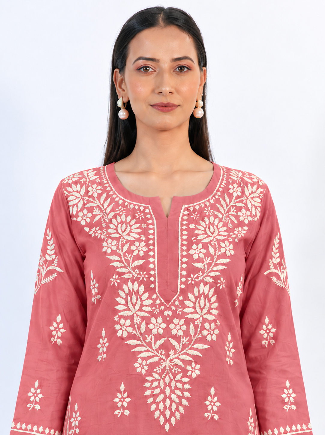 Rose Pink Modal Kurta with White Chikankari Embroidery