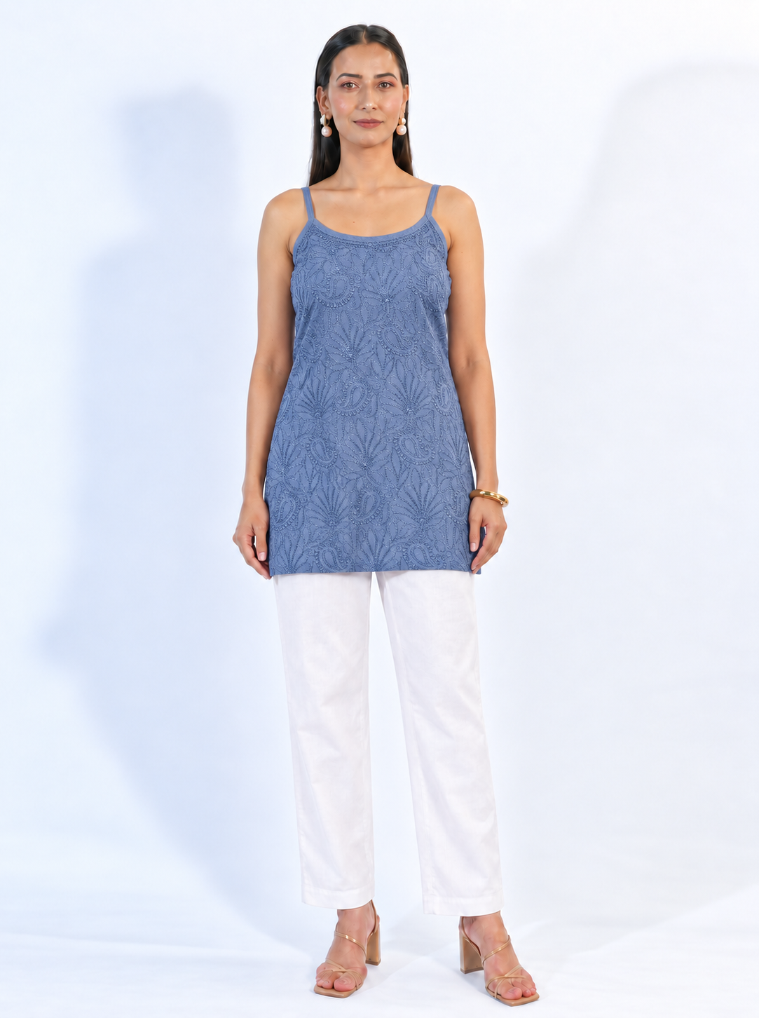Navy Blue Muslin Cami Dress with Tonal Floral Embroidery