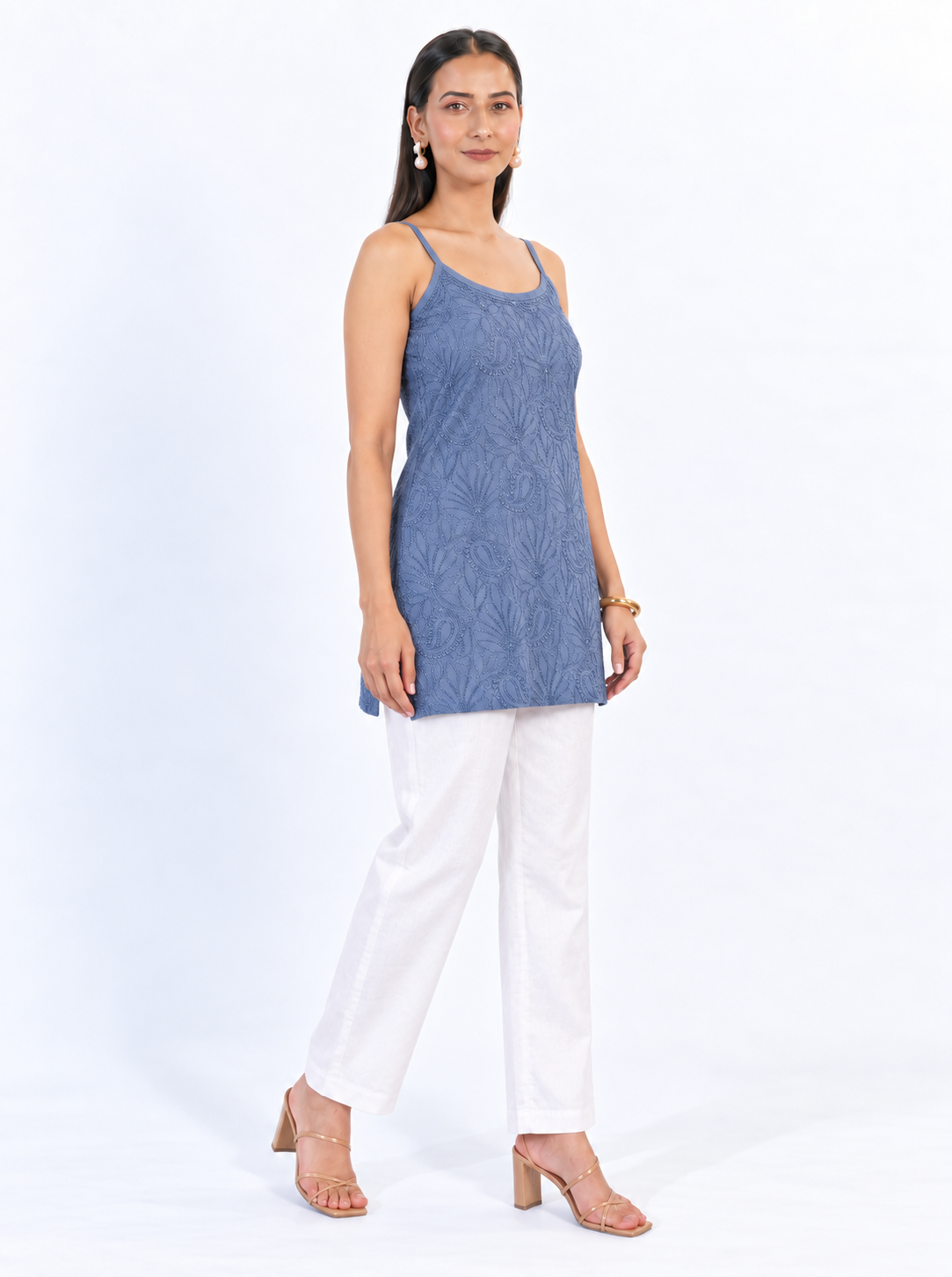 Navy Blue Muslin Cami Dress with Tonal Floral Embroidery