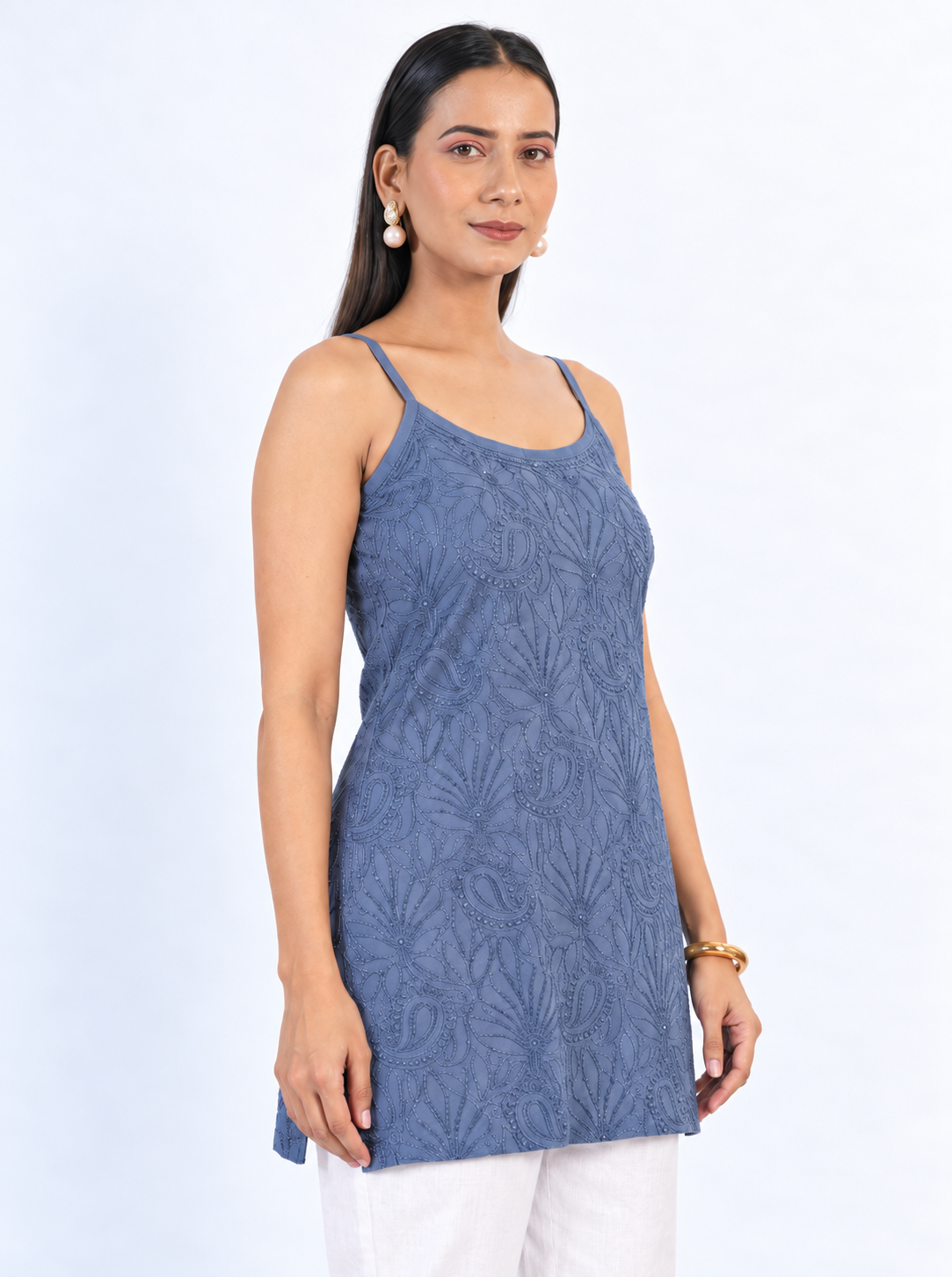 Navy Blue Muslin Cami Dress with Tonal Floral Embroidery