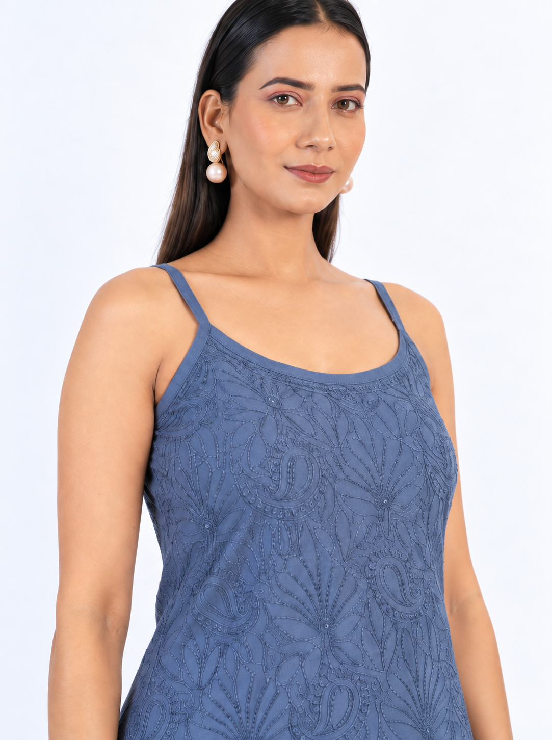 Navy Blue Muslin Cami Dress with Tonal Floral Embroidery