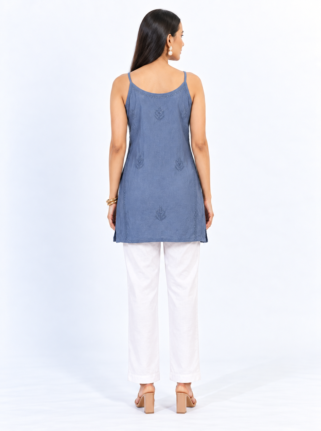 Navy Blue Muslin Cami Dress with Tonal Floral Embroidery