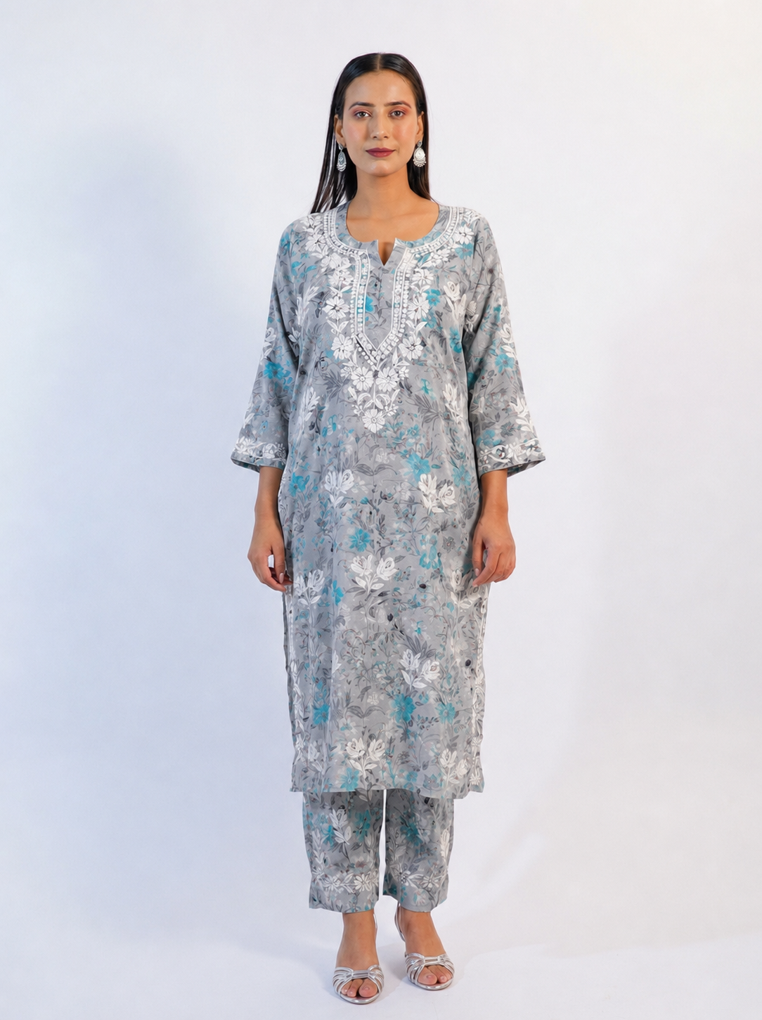 Graceful Grey & Turquoise Floral Cotton Chikankari Kurta & Palazzo Set