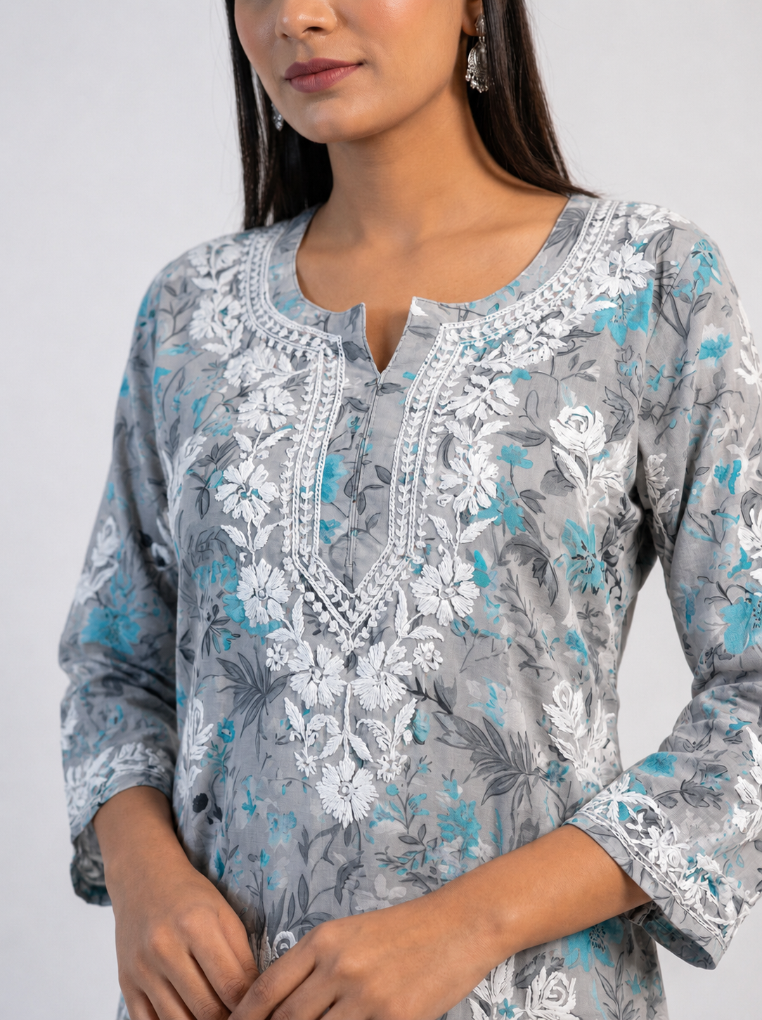 Graceful Grey & Turquoise Floral Cotton Chikankari Kurta & Palazzo Set