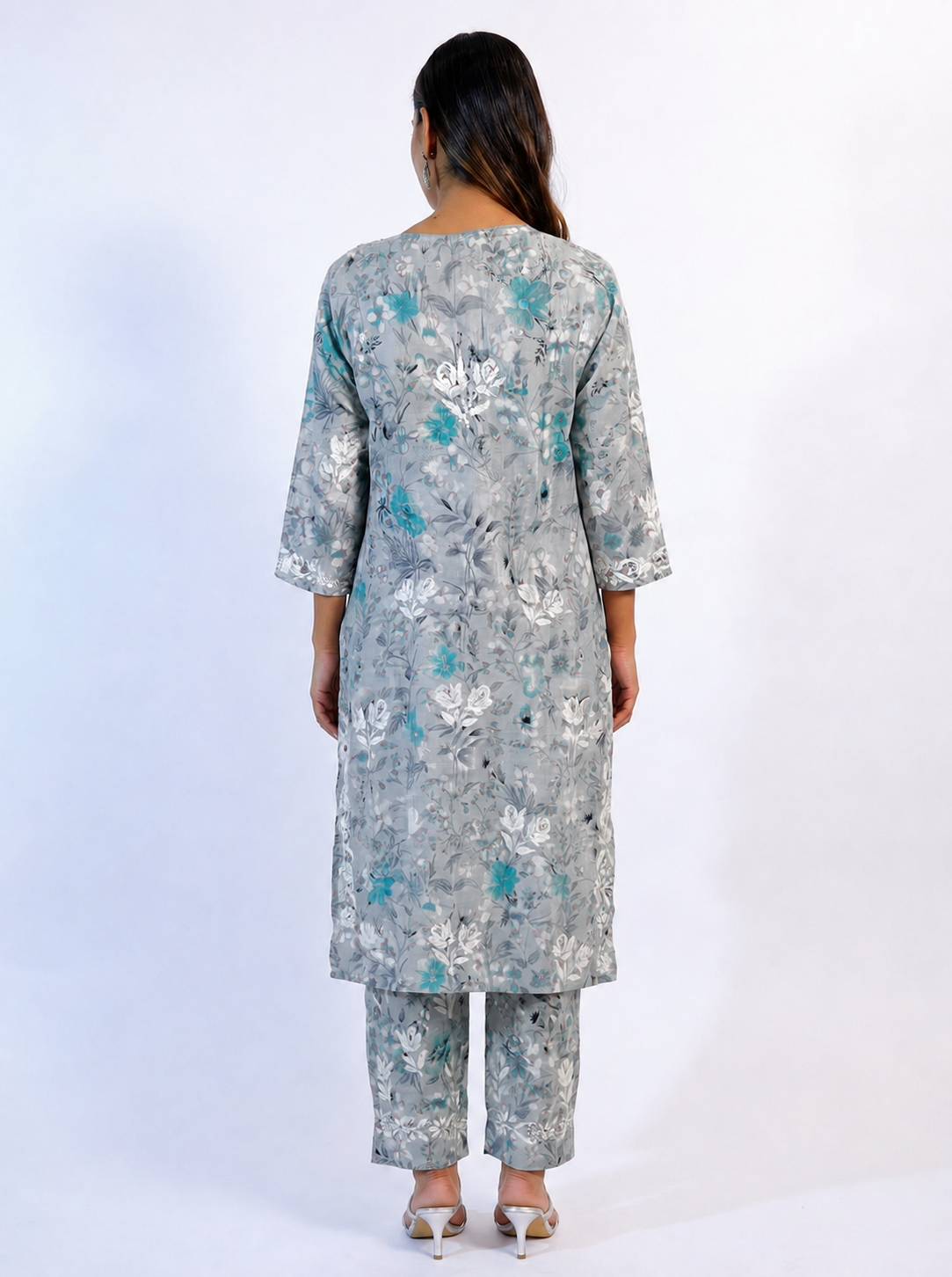 Graceful Grey & Turquoise Floral Cotton Chikankari Kurta & Palazzo Set