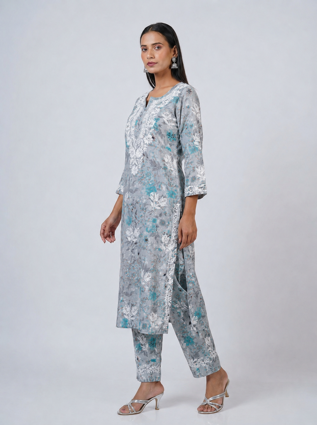Graceful Grey & Turquoise Floral Cotton Chikankari Kurta & Palazzo Set