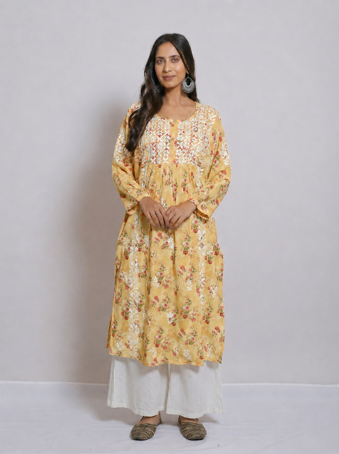 Exquisite Yellow Floral Cotton Handmade Chikankari Kurti