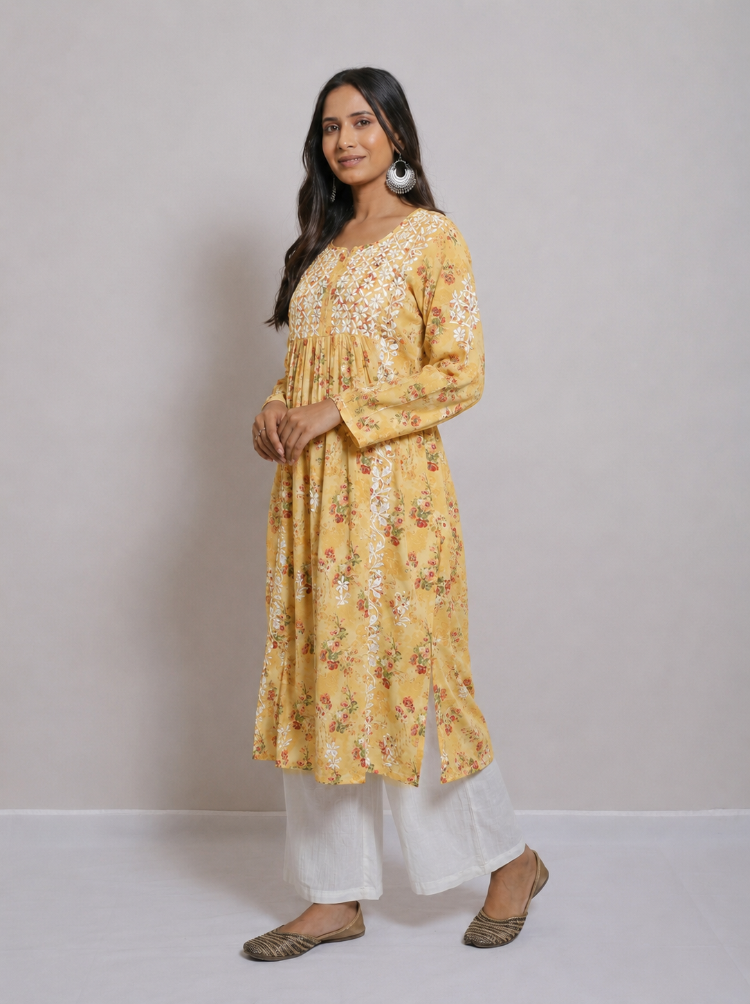 Exquisite Yellow Floral Cotton Handmade Chikankari Kurti