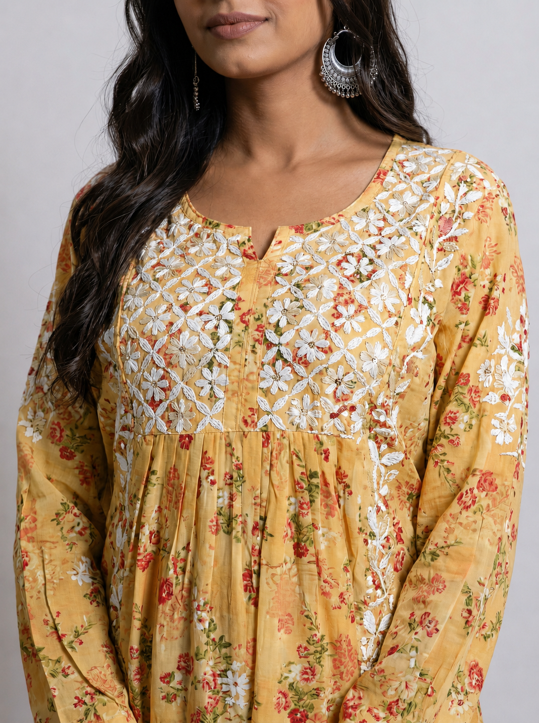 Exquisite Yellow Floral Cotton Handmade Chikankari Kurti