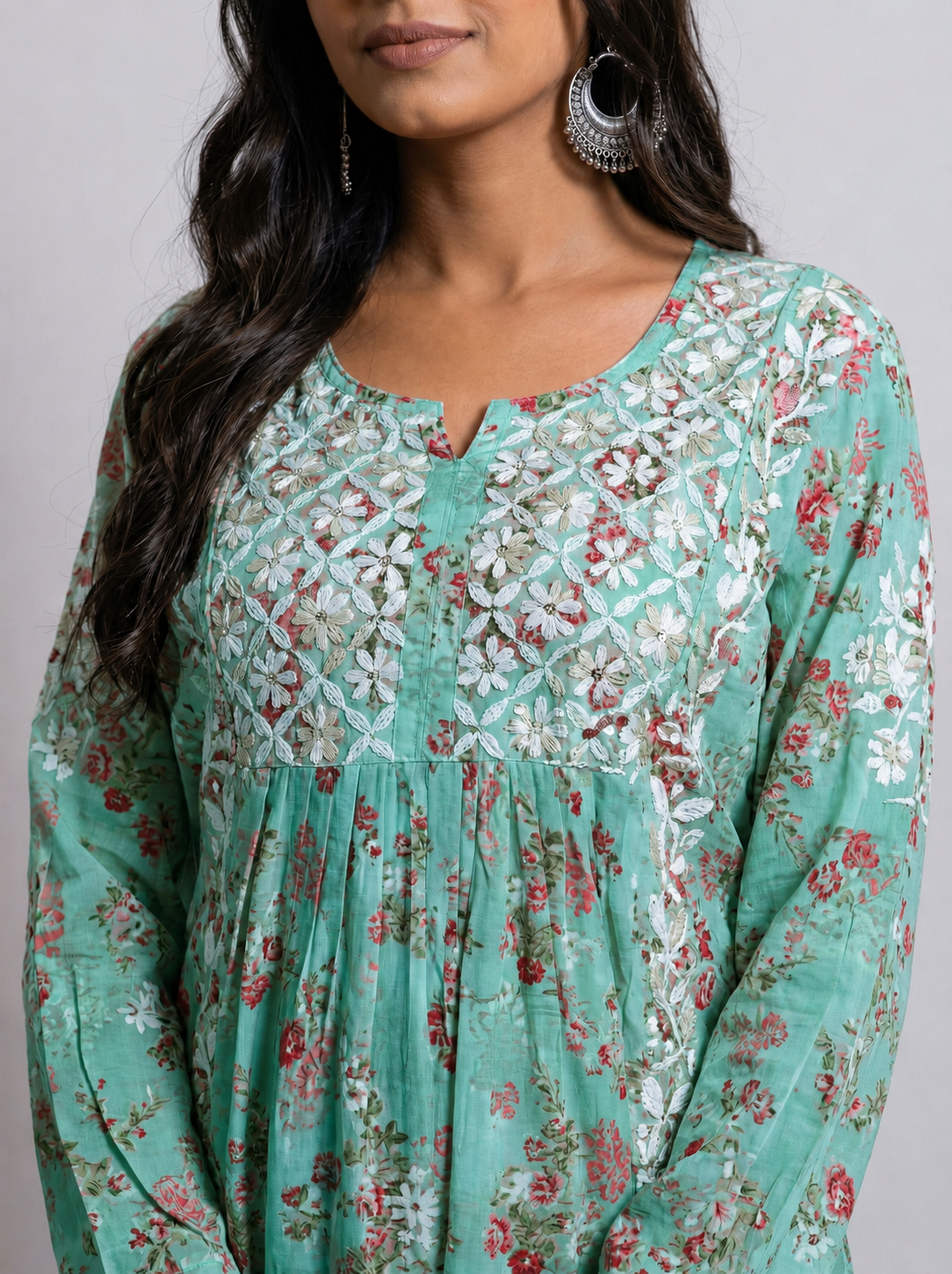 Exquisite Turquoise Floral Modal Chikankari Kurti