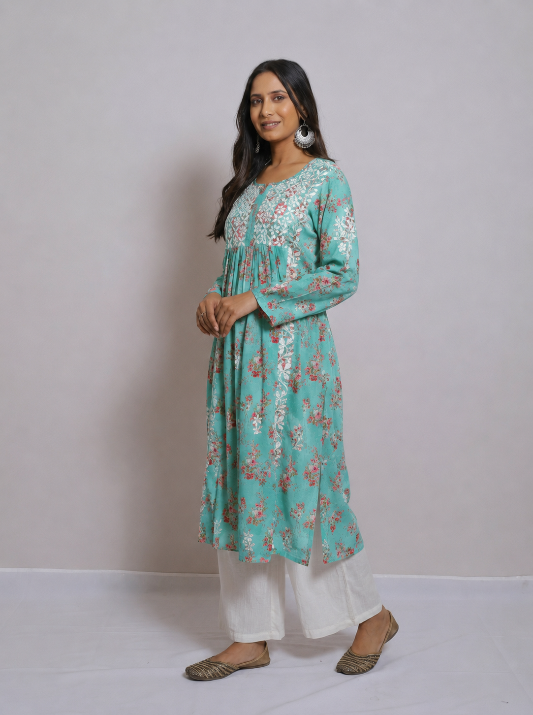 Exquisite Turquoise Floral Modal Chikankari Kurti