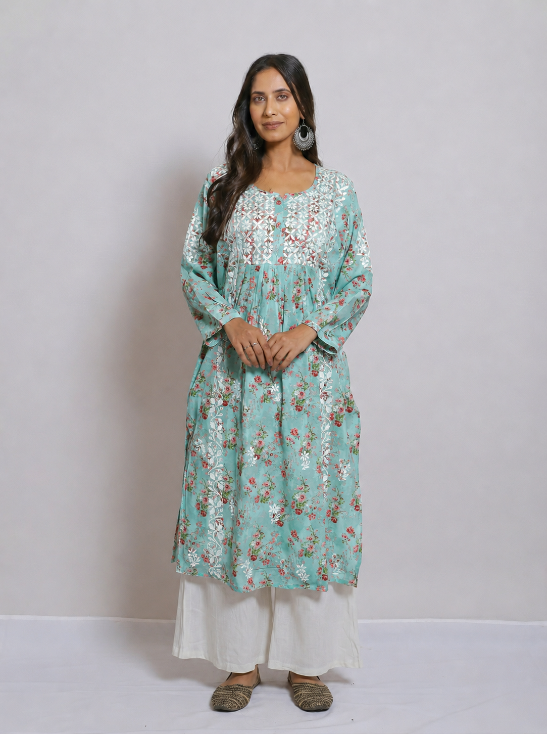 Exquisite Turquoise Floral Modal Chikankari Kurti