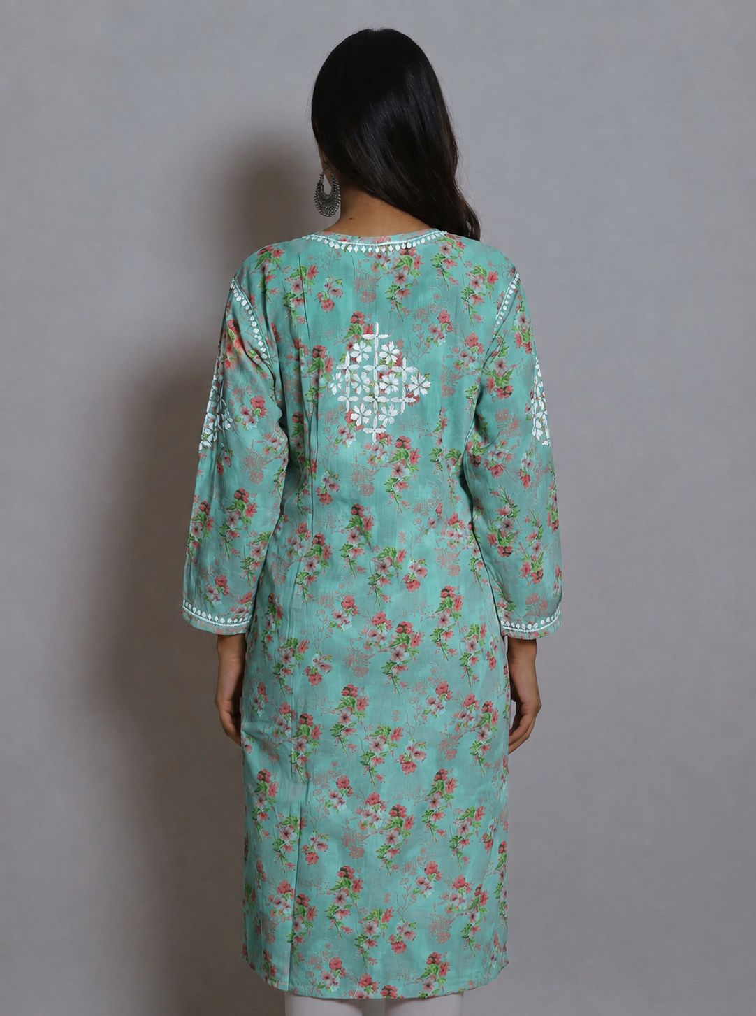 Exquisite Turquoise Floral Modal Chikankari Kurti