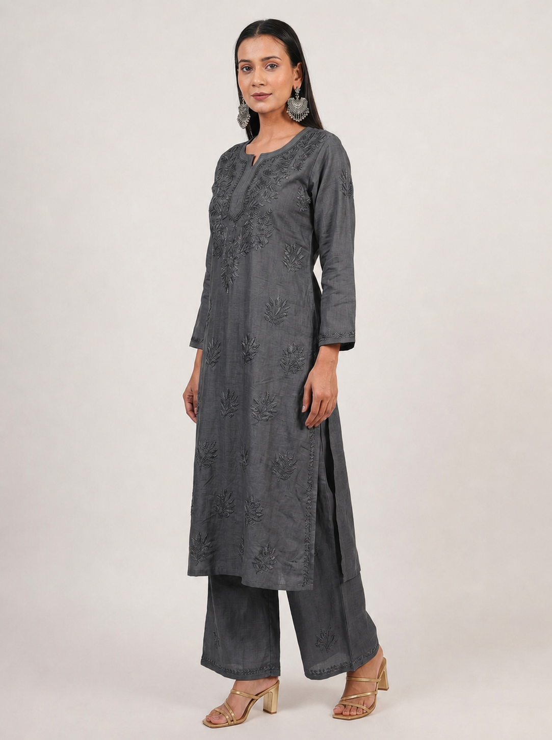 Sophisticated Grey Modal Chikankari Kurta & Palazzo Set