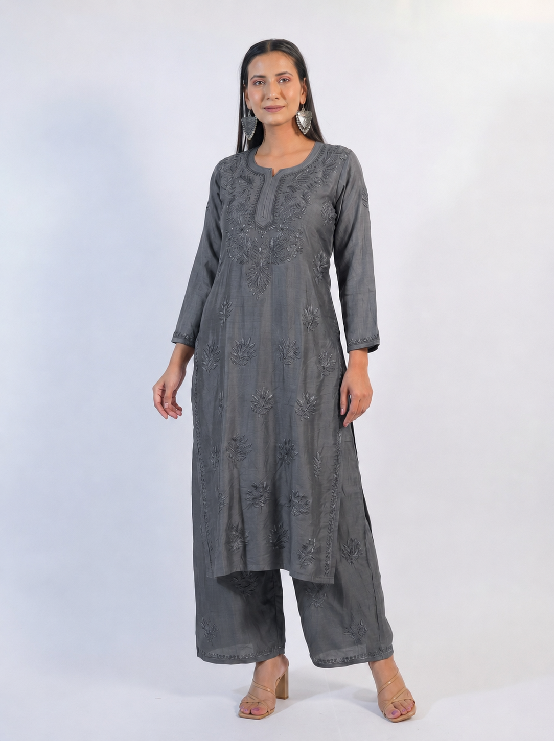 Sophisticated Grey Modal Chikankari Kurta & Palazzo Set
