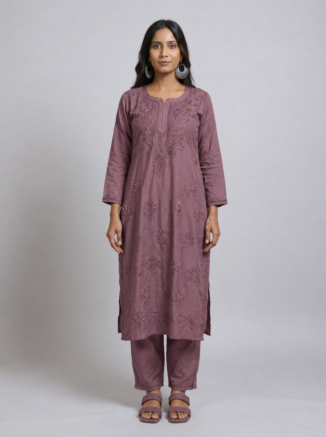 Dusty Mauve Tonal Embroidered Kurta with Palazzo