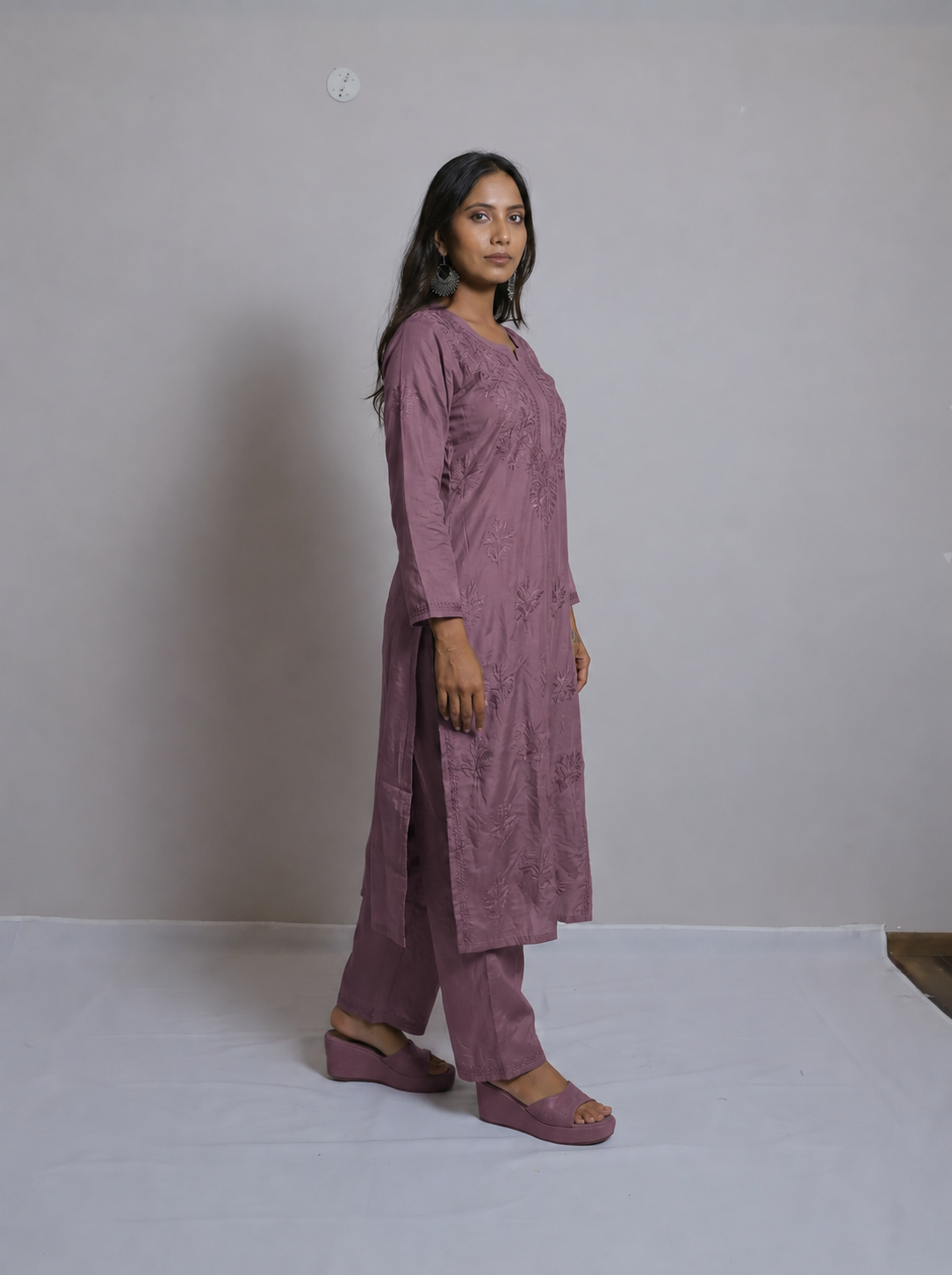 Dusty Mauve Tonal Embroidered Kurta with Palazzo